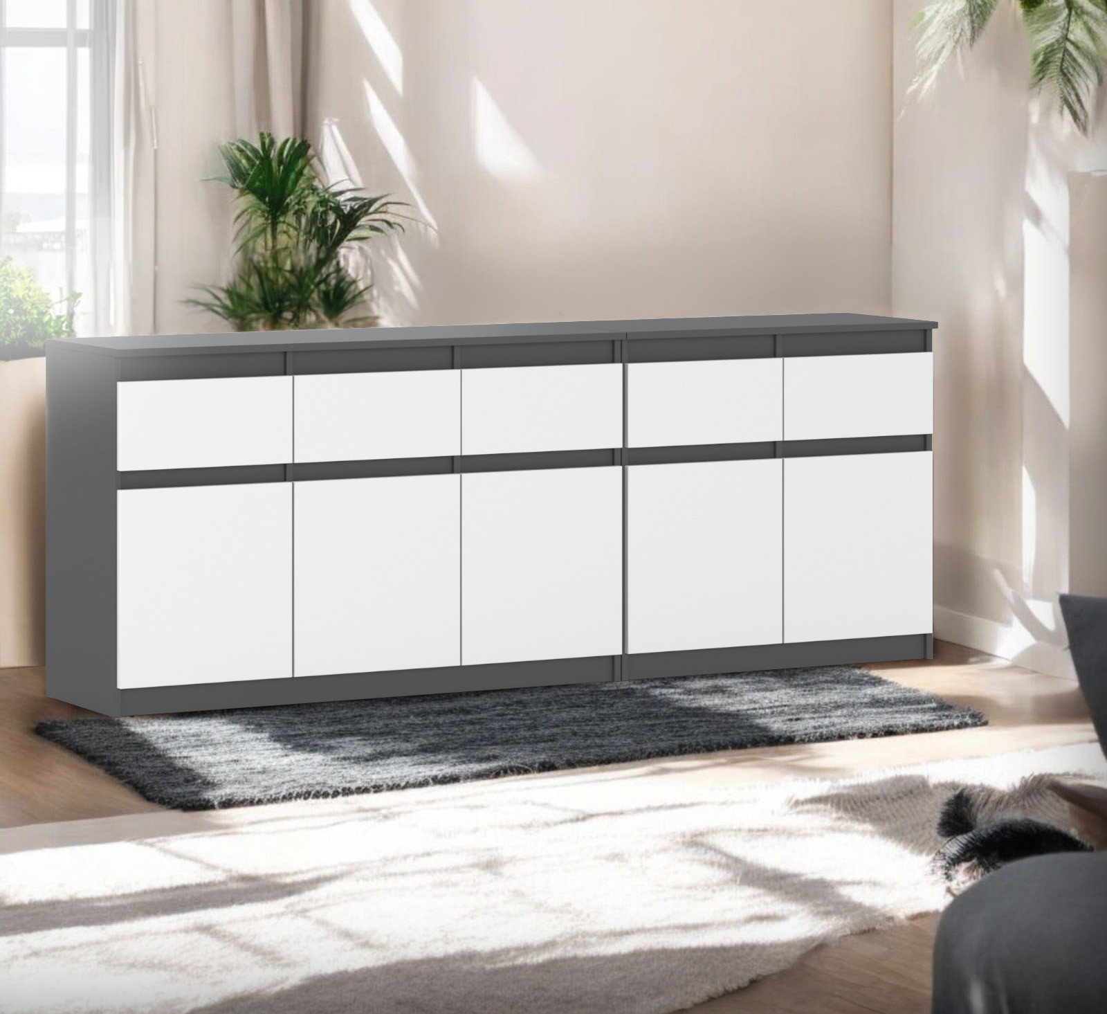 Komoda Szara Nowoczesna Pod Telewizor 5 Szuflad 200cm Szafka Biały Połysk