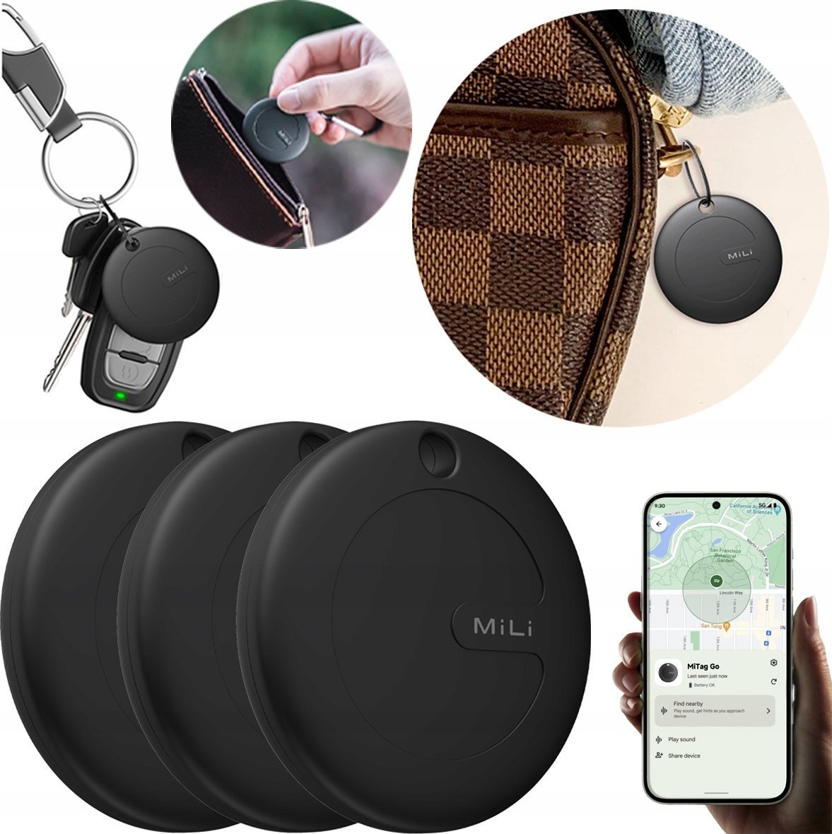 MiLi Lokalizator GPS MiTag ANDROID 3 sztuki do: plecaka, kluczy, bagażu dla psa