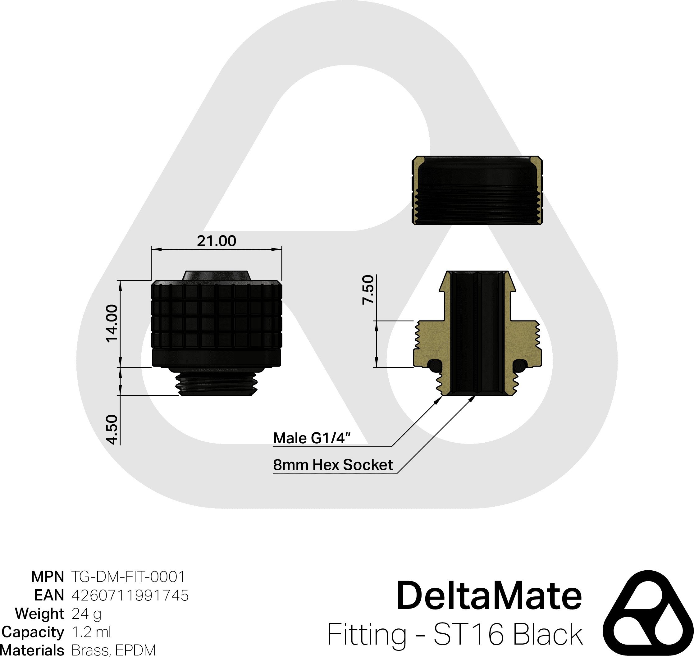 Thermal Grizzly DeltaMate Fitting - ST16, schwarz