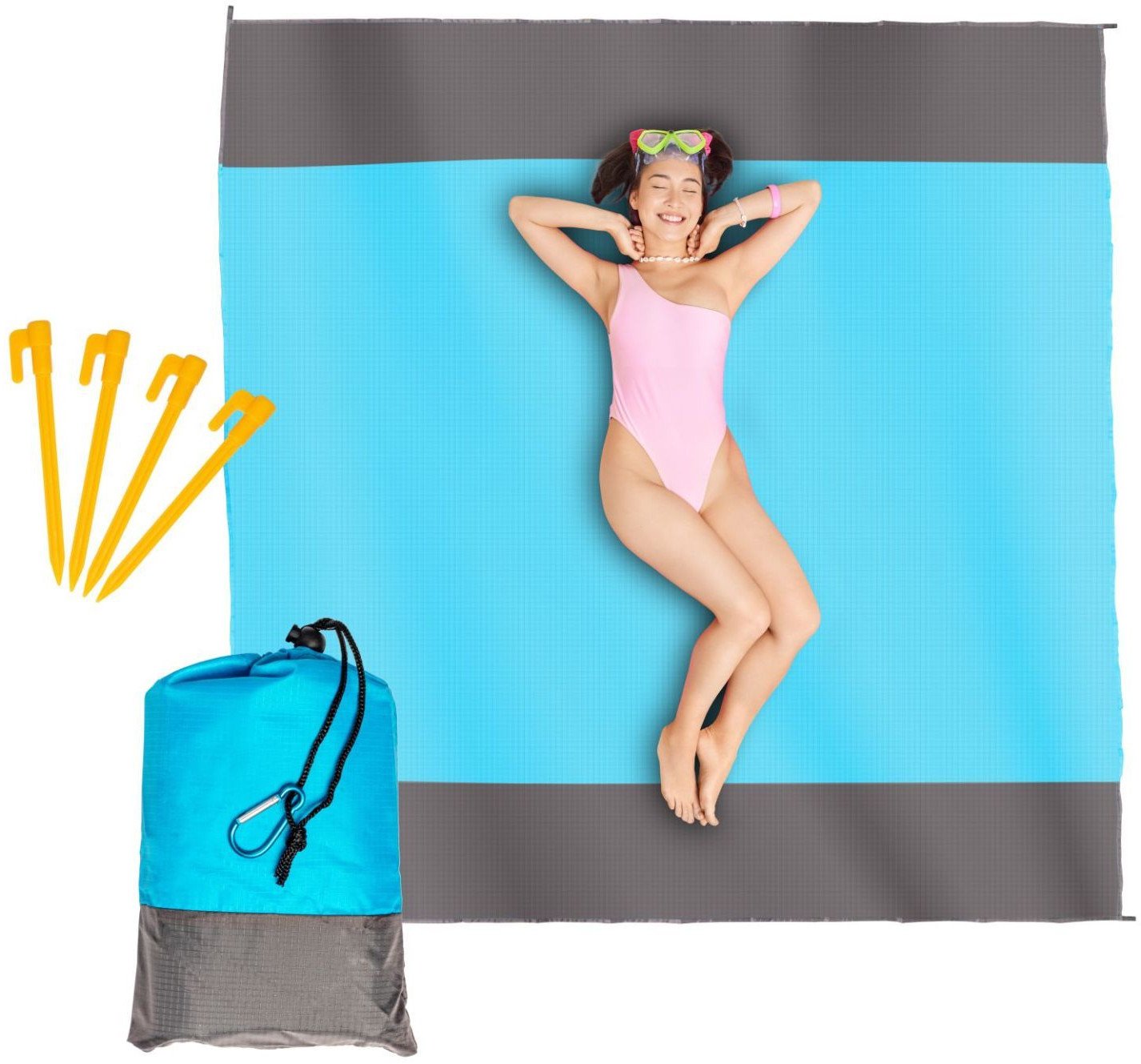 Wodoodporna mata plażowa koc piknikowy 210x200 cm niebieska z grafitowymi paskami