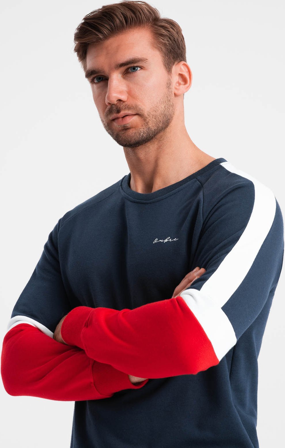 Ombre Trójkolorowa męska dresowa bluza z raglanowymi rękawami granatowa V2 OM-SSNZ-22FW-003 M