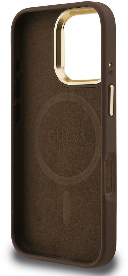 Guess Deklas PU 4G Strass Triangle Logo Stand Camera Frame MagSafe Case for iPhone 16 Pro Brown