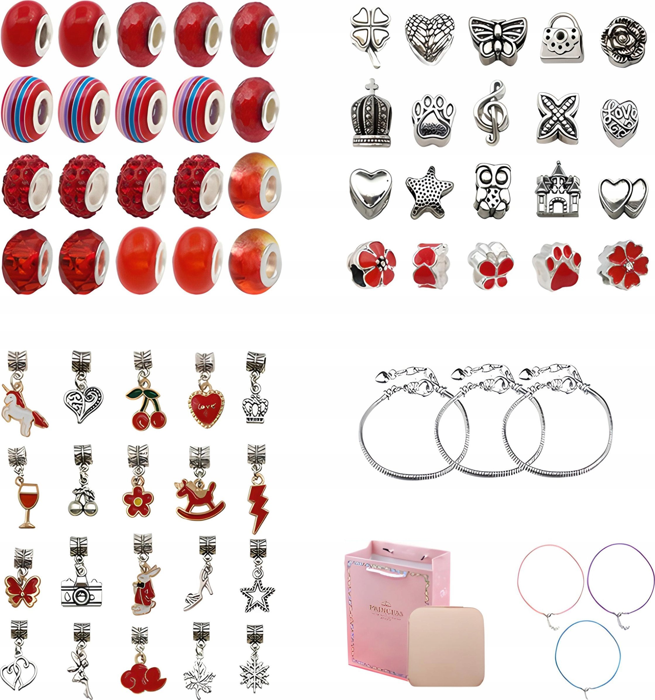 Zestaw Do Tworzenia Robienia Biżuterii, Bransoletek, Charmsy, Zawieszki, Koraliki ODCIENIE CZERWIENI + Etui