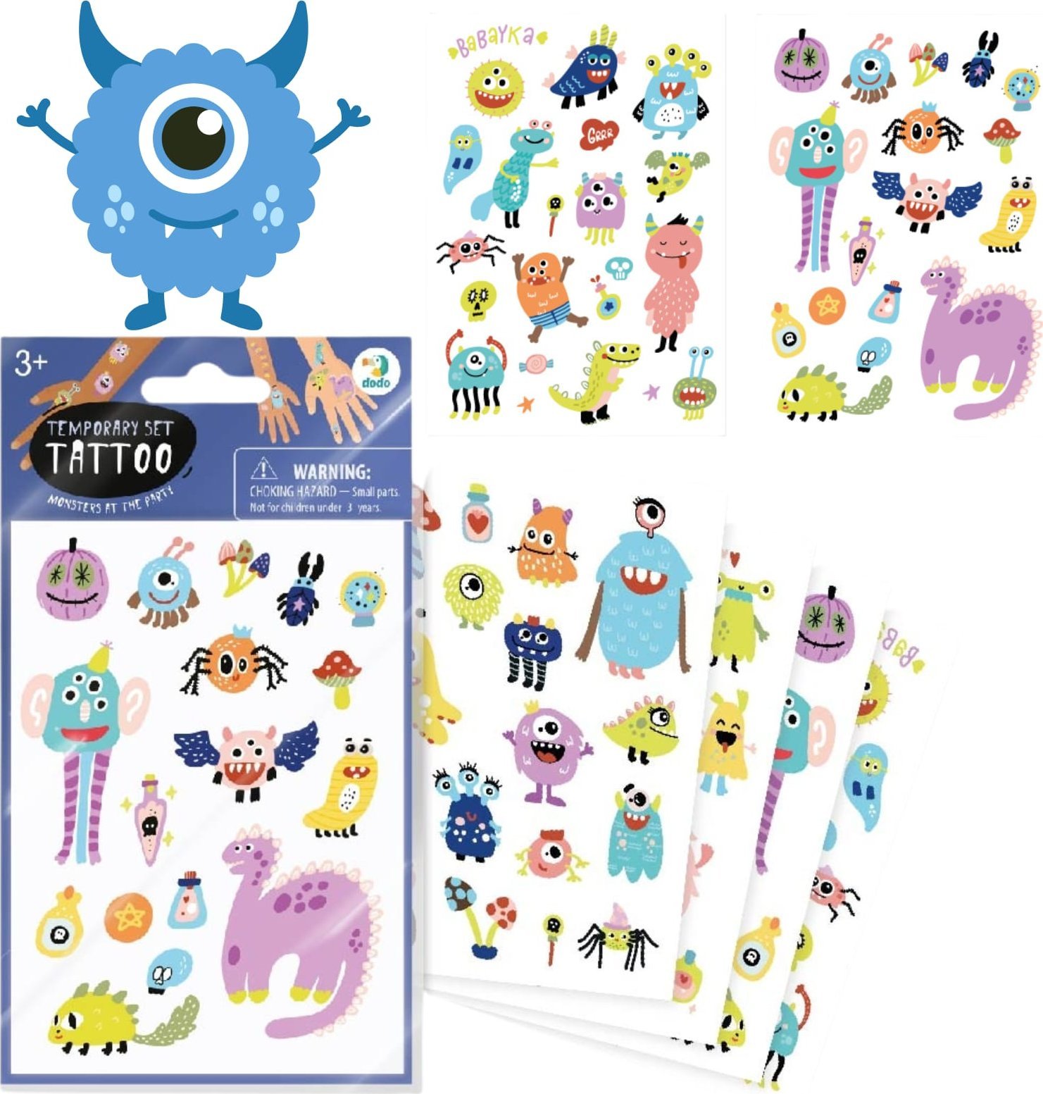 Dodo ZESTAW TYMCZASOWYCH TATUAŻY "POTWORY" DLA NAJMŁODSZYCH KOLOROWE 4 ARKUSZE