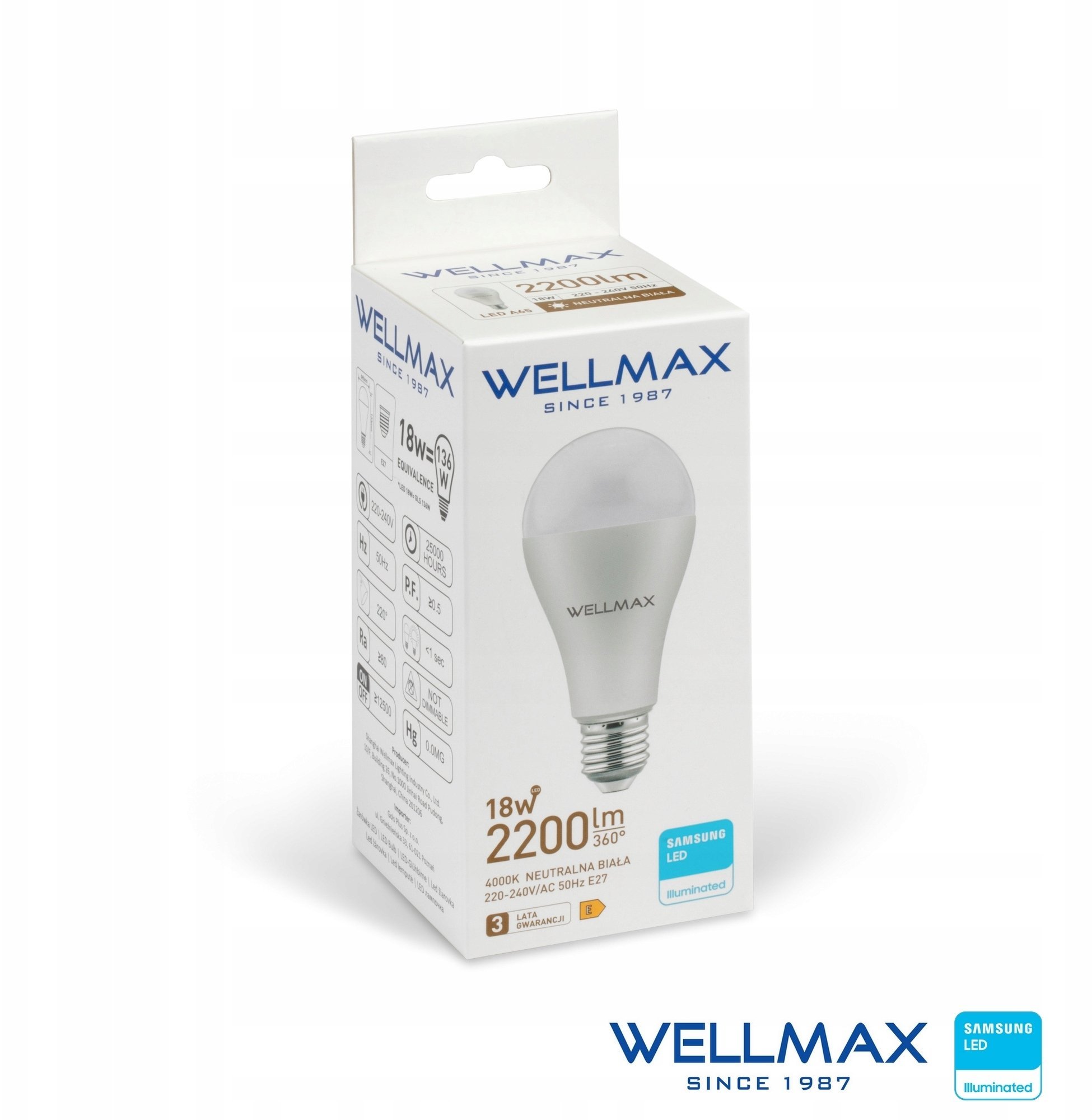 Wellmax Żarówka LED E27 18W 122lm/W 2200lm Neutralny 4000K SAMSUNG / GOL123N18