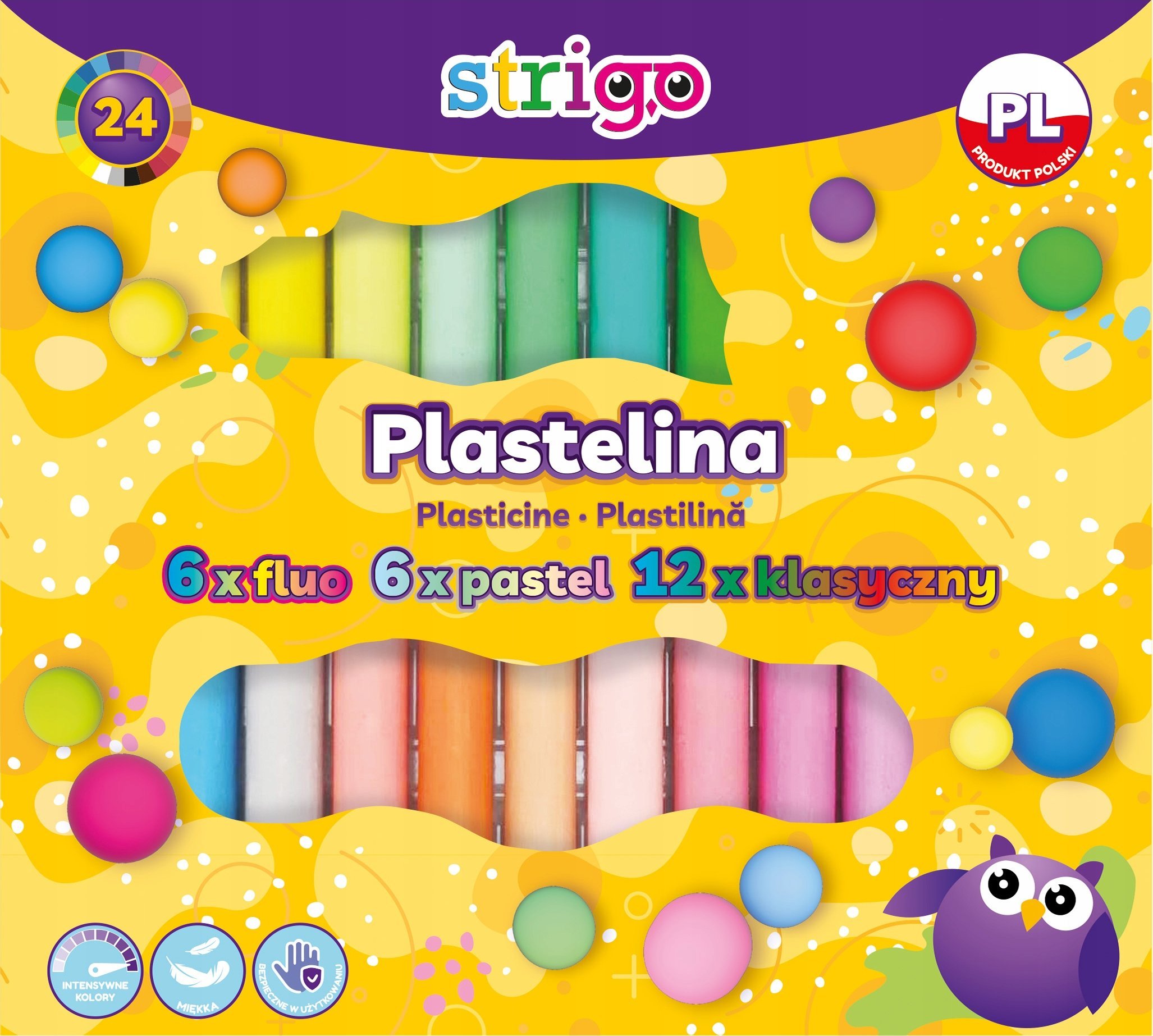 Strigo Plastelina STRIGO, 24 kolorów ( 6 fluorescencyjnych, 6 pastelowych, 12 klasycznych)