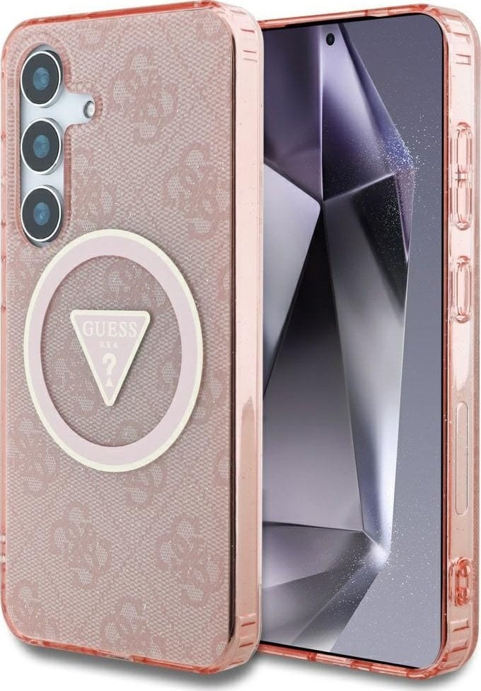 Guess 4G Glitter Triangle Buttons MagSafe Case for Samsung Galaxy S25 Pink