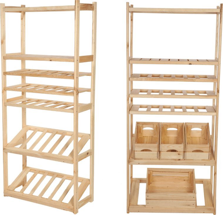 Wamar-Sosenka Regał drewniany do spiżarni LSR P2W3S2 Naturalny Półki proste 2 szt, Półki na wino 3 szt, Półki na skrzynki 2 szt Drewno sosnowe