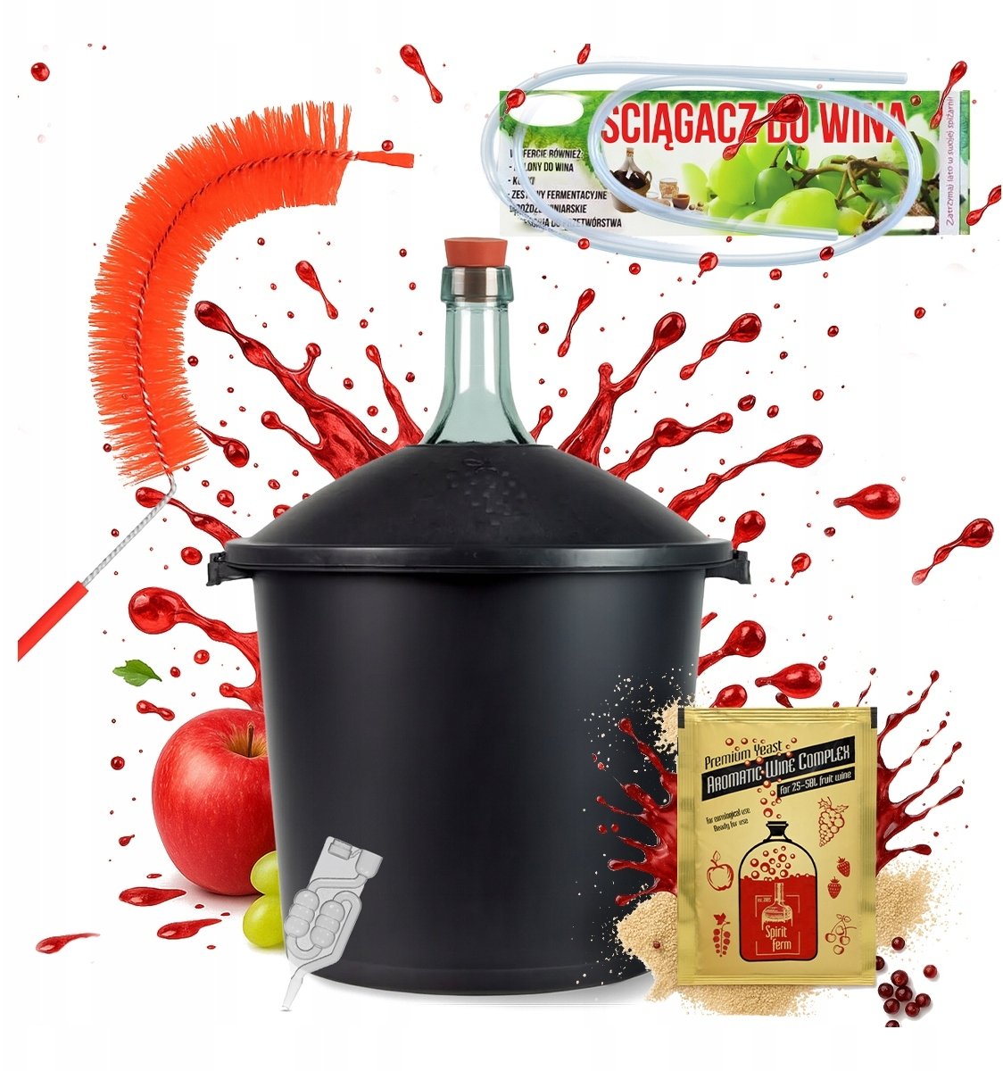 ZESTAW BALON NA WINO 25L w koszu Korek Rurka Szczotka Ściągacz Drożdże