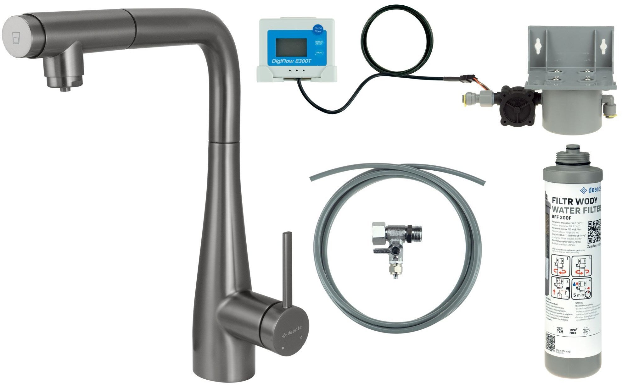 Deante Bateria kuchenna z zestawem do filtracji wody z wyciąganą wylewką