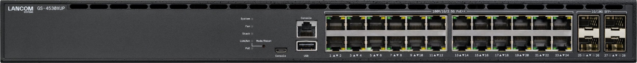 Switch LANCOM Systems LANCOM GS-4530XUP - Switch - L3 - managed - 24 x 100/1000/2.5G (PoE++) + 4 x 10 Gigabit SFP+ + 2 x 40 Gigabit QSFP+ - Luftstrom