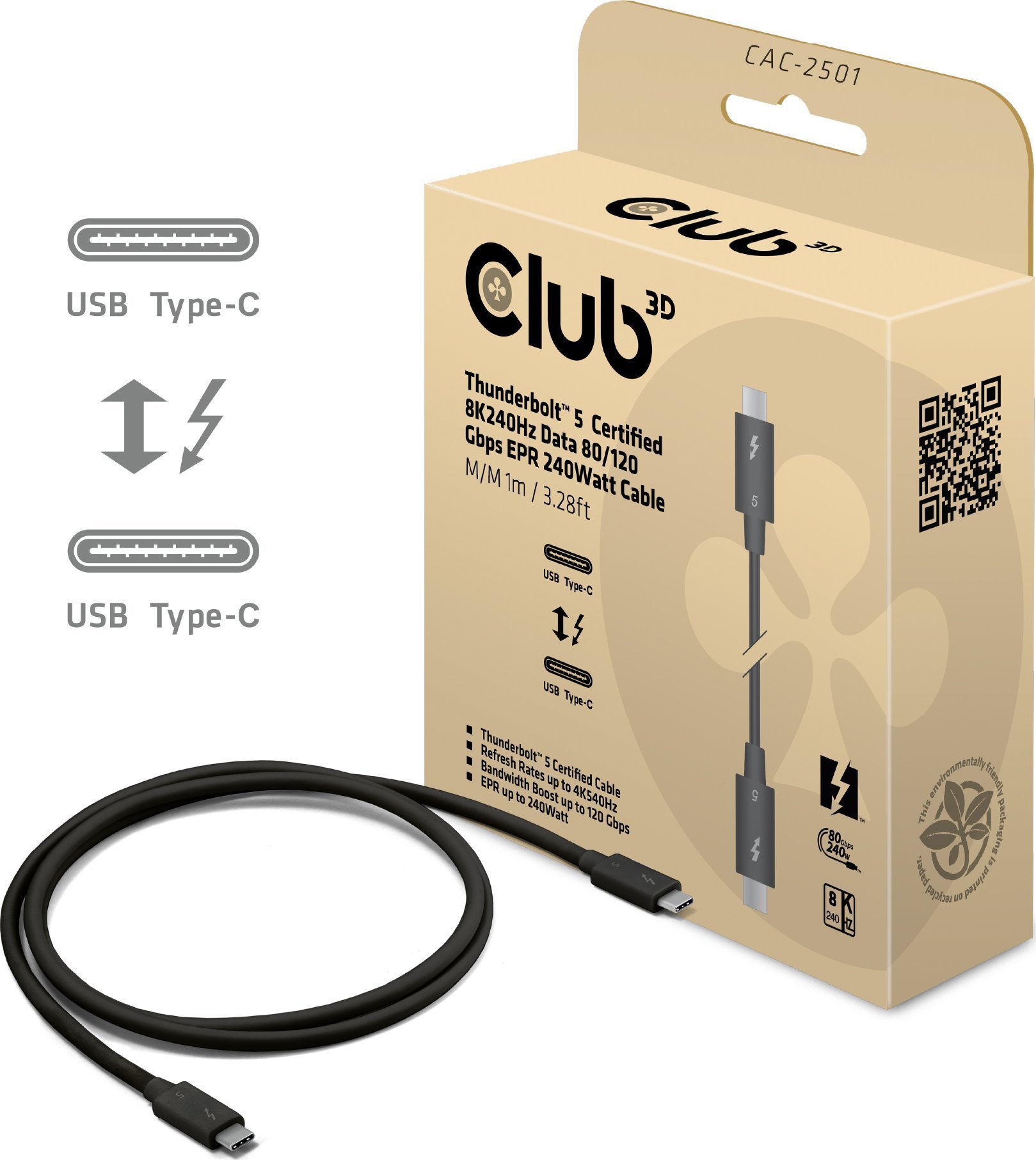 Club3D Kabel Thunderbolt 5, 80/120Gbps, Certifikovaný kabel, 1x 4K540Hz, 2x8K240Hz, PD 240W, 1m