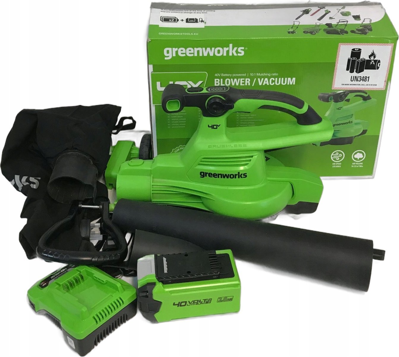 Greenworks 40V dmuchawa/odkurzacz Greenworks GD40BVIIK2x zestaw ładowarka + 2x aku 2Ah