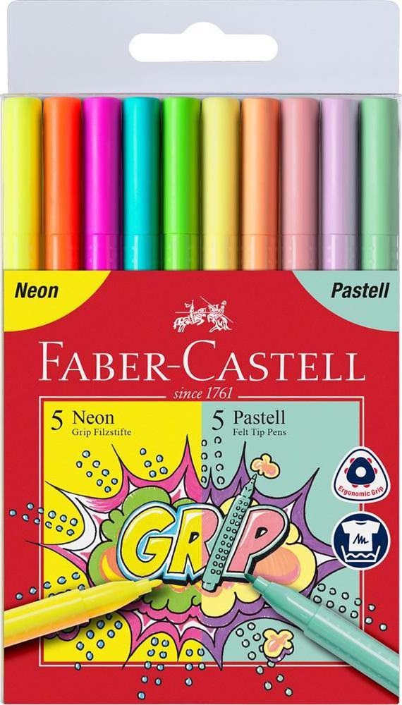 Faber-Castell FLAMASTRY GRIP FABER-CASTELL 5 KOLORÓW NEONOWYCH + 5 KOLORÓW PASTELOWYCH W ETUI