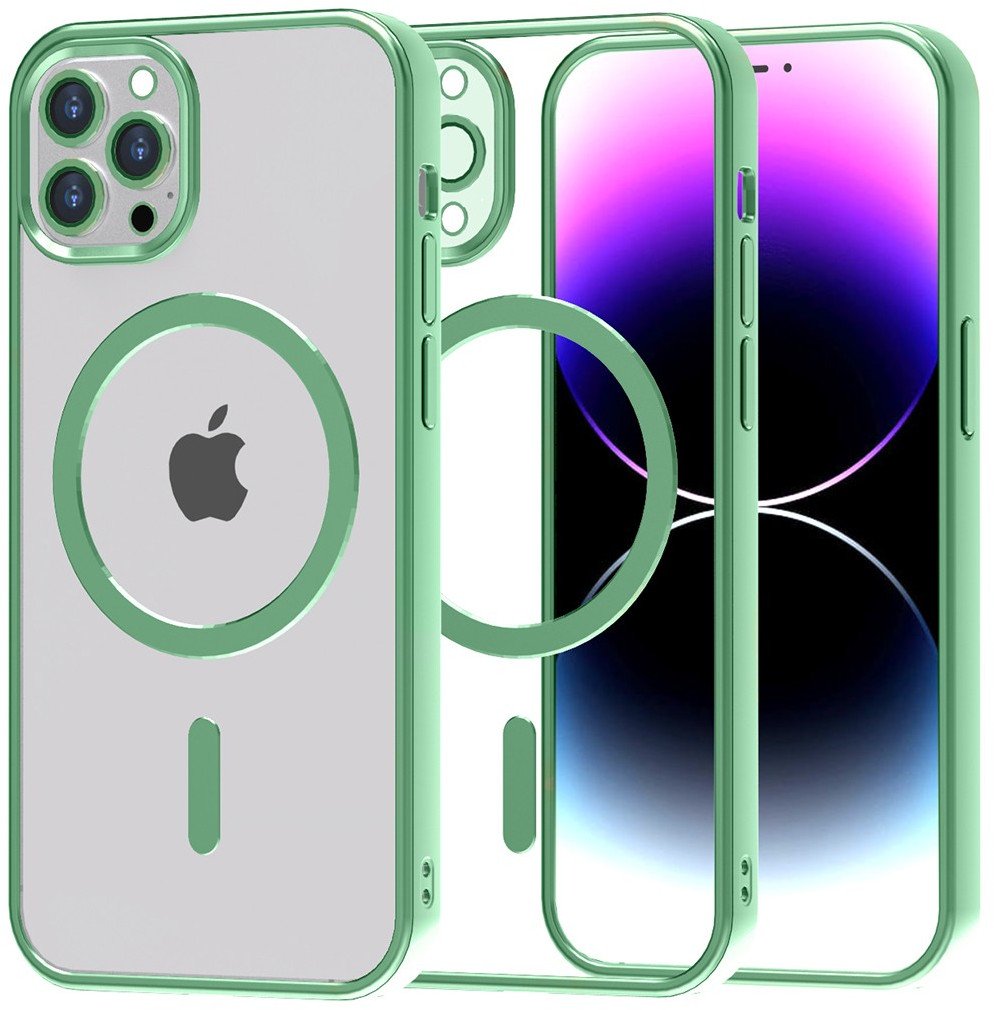 Etui Magnetyczne Magsafe do iPhone 14 Pro, Przezroczyste z Zieloną Ramką
