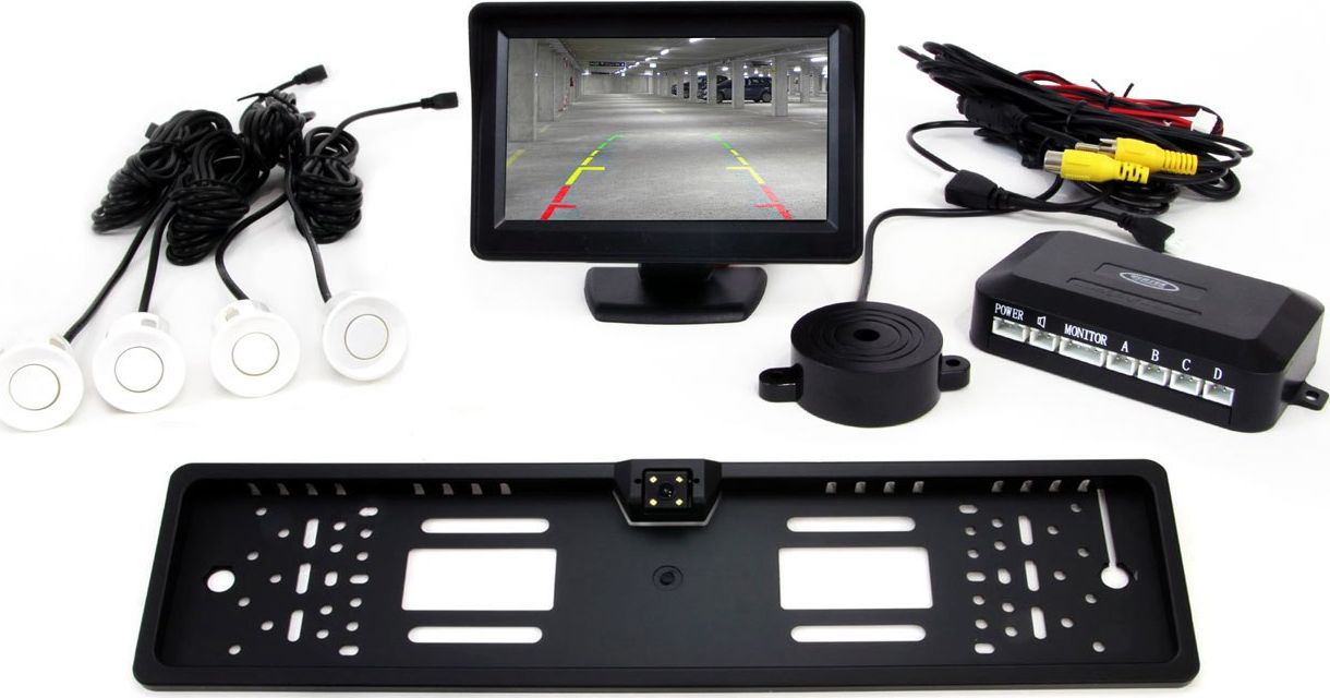 AMiO 01551 Zestaw czujników 4 sensory białe TFT 4,3 z kamerą 402 w ramce rejestracji