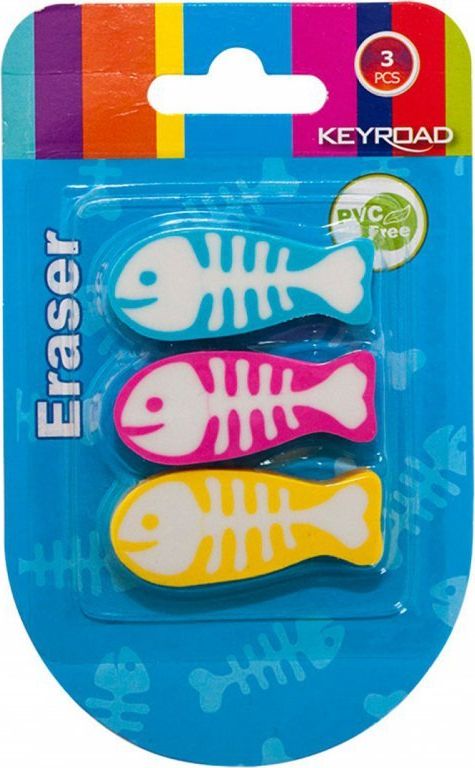 Keyroad Gumka Uniwersalna Keyroad Ryba, 3Szt., Blister, Mix Kolorów