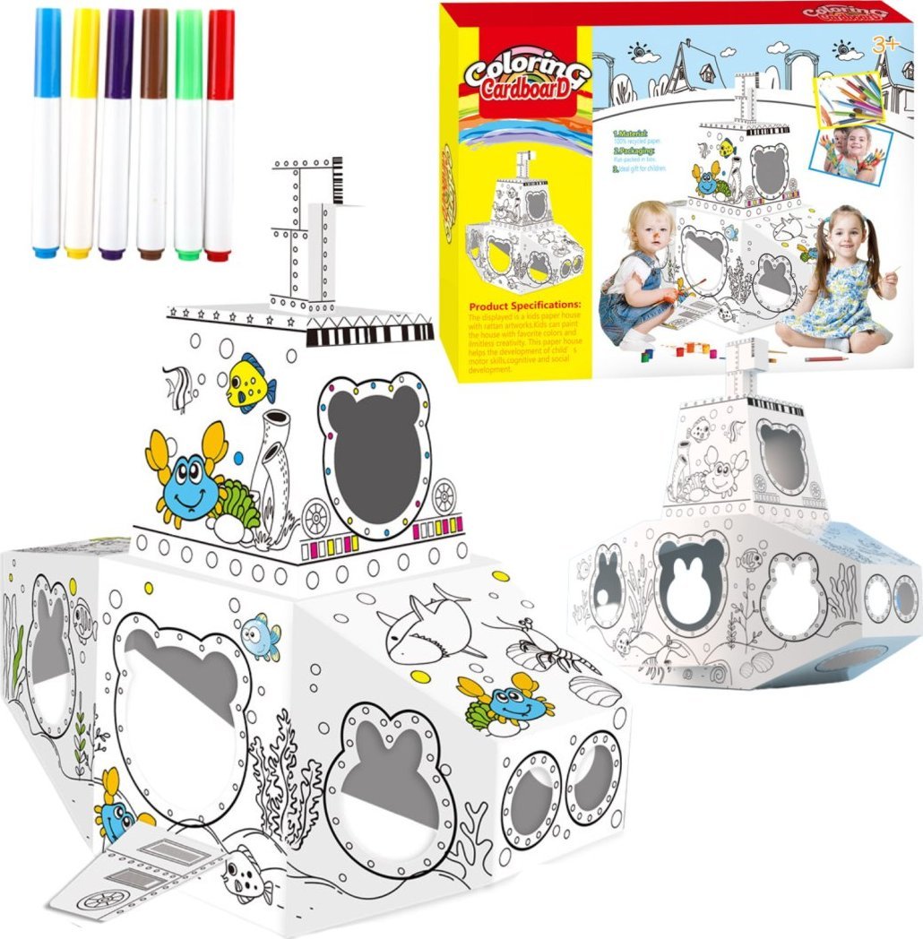 ZESTAW ARTYSTYCZNY DUŻA ŁÓDŹ DO MALOWANIA SKŁADANIA KOLOROWANIA Z TEKTURY