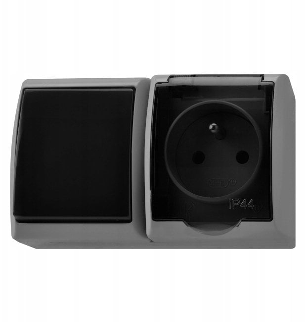 FALA Łącznik hermetyczny jednobiegunowy + gniazdo pojedyncze klapka przezroczysta IP44 popiel/grafit ZH-Ł1G/71/21/d