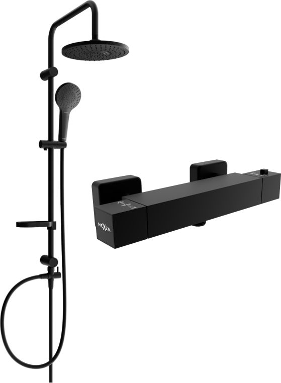 Zestaw prysznicowy Mexen Mexen Erik zestaw prysznicowy natynkowy z deszczownicą i baterią prysznicową termostatyczną Cube, czarny - 77200205-70