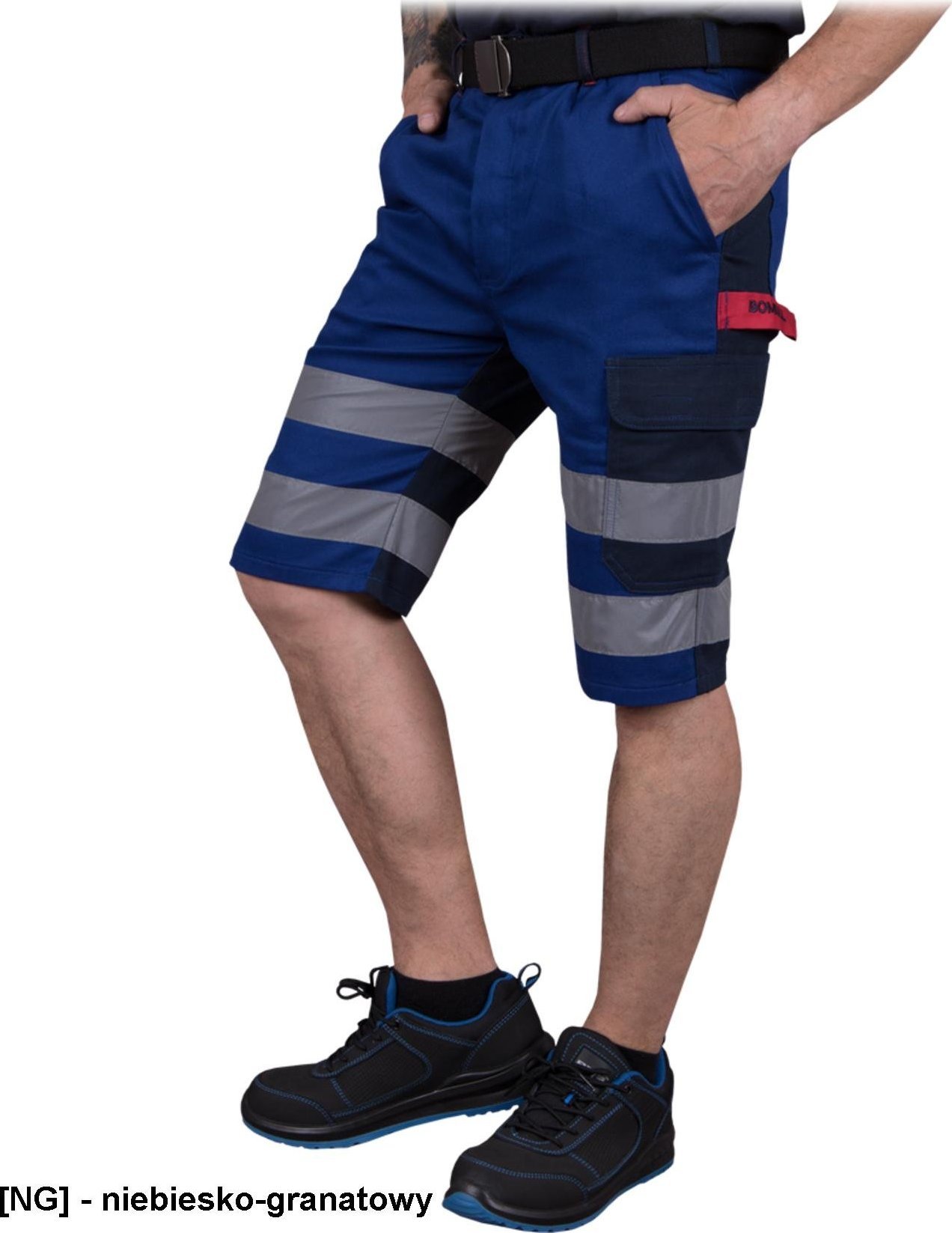 R.E.I.S. BOMULLX-TS - krótkie spodnie ochronne, nogawki pasy odblaskowe, 6 kieszeni, 100% bawełna 260-270 g/m - niebiesko-granatowy S