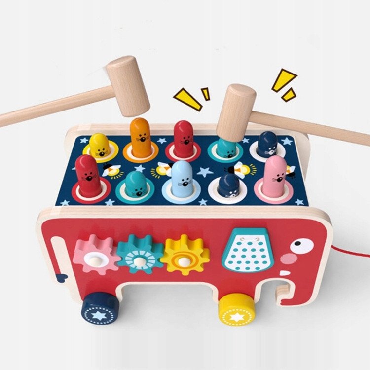 DREWNIANA KOSTKA EDUKACYJNA SORTER SŁOŃ MONTESSORI Ciągacz Przebijanka