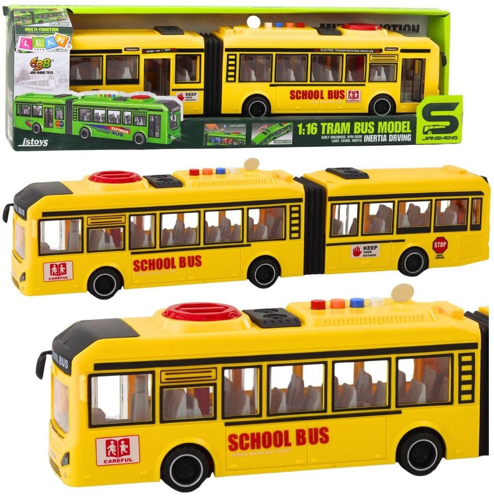 Autobus Przegubowy Szkolny Otwierane Drzwi Światła Dźwięki Żółty 1:16 LEAN Toys