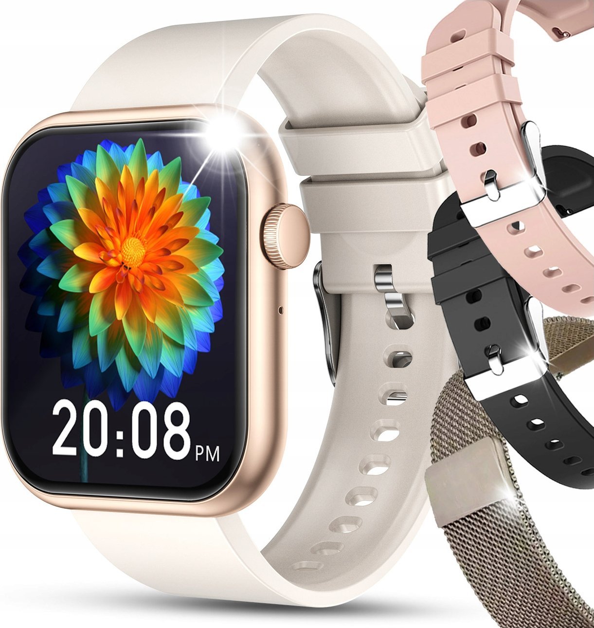 SMARTWATCH DAMSKI ZEGAREK ROZMOWY SMS SPORT ZDROWIE ZLOTY MENU PL + 4 PASKI