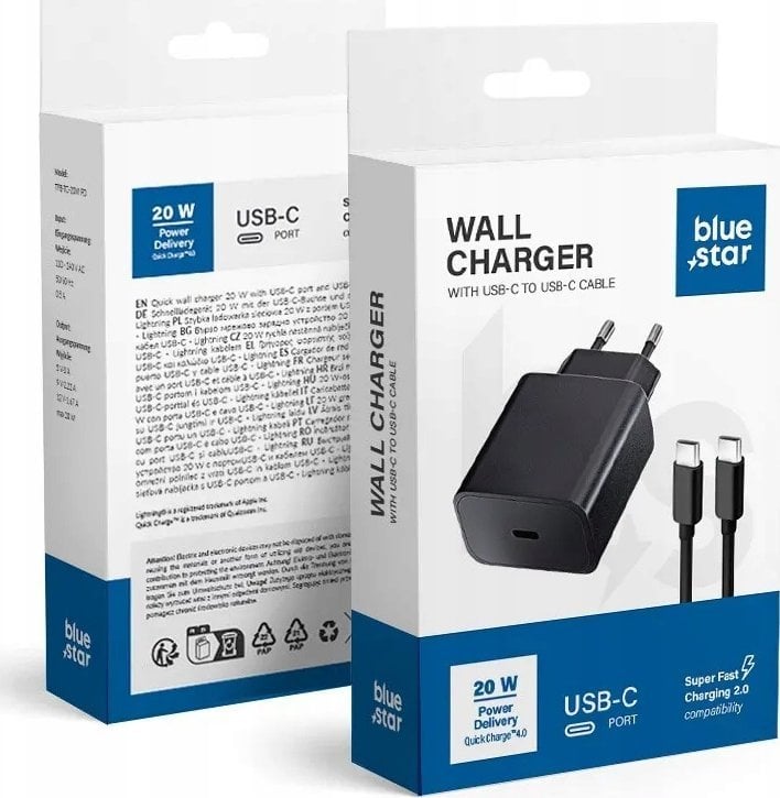 Ładowarka Blue Star BLUE STAR ładowarka sieciowa 3A 20W Typ C + kabel Typ C do Typ C PD QC4.0 TFB-TC-20WPD czarna