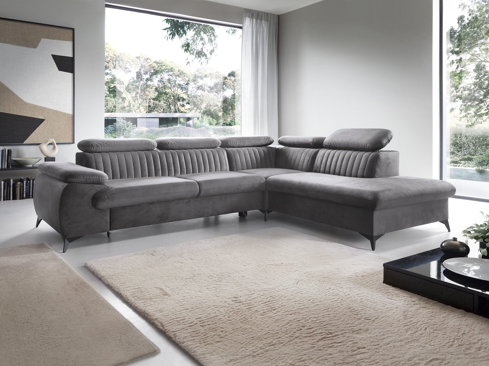 Narożnik VETTO prawostronny Monolith 92 popielaty ciemny szary welur funkcja spania