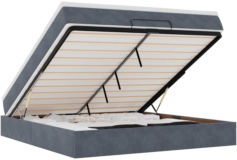 Rama łóżka otomana z materacem, szara, 160x200 cm, aksamit