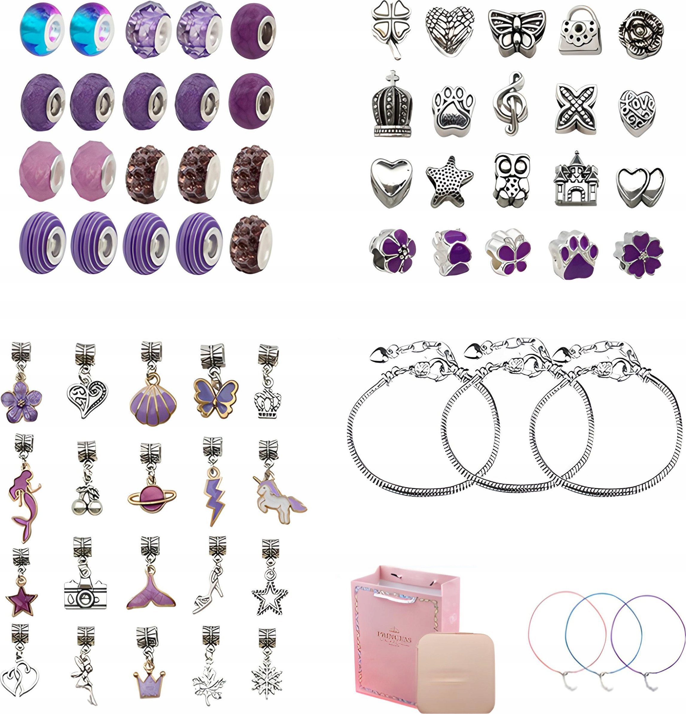 Zestaw Do Tworzenia Robienia Biżuterii, Bransoletek, Charmsy, Zawieszki, Koraliki ODCIENIE FIOLETU + Etui