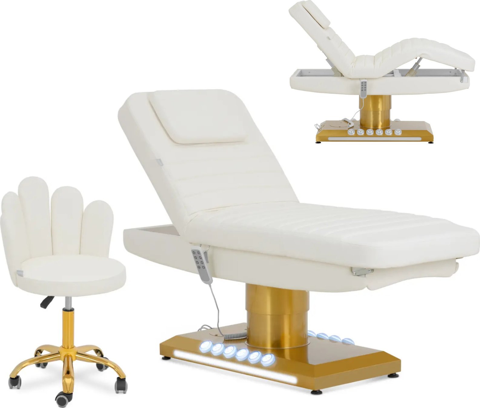 Physa Fotel kosmetyczny SPA podgrzewany z krzesłem 3 silniki 200 kg SAVONA - biało złoty Fotel kosmetyczny SPA podgrzewany z krzesłem 3 silniki 200 kg