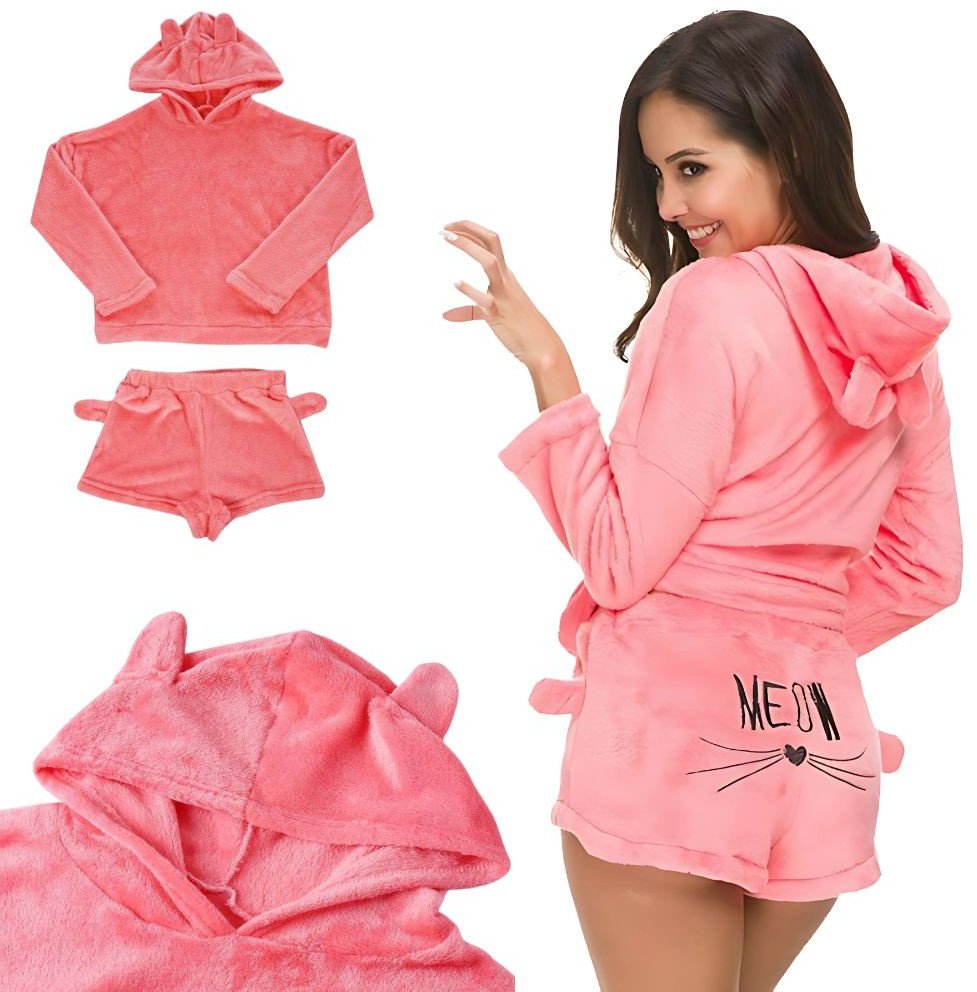 Ciepła piżama damska dwuczęściowa z kapturem miękka pluszowa krótkie m