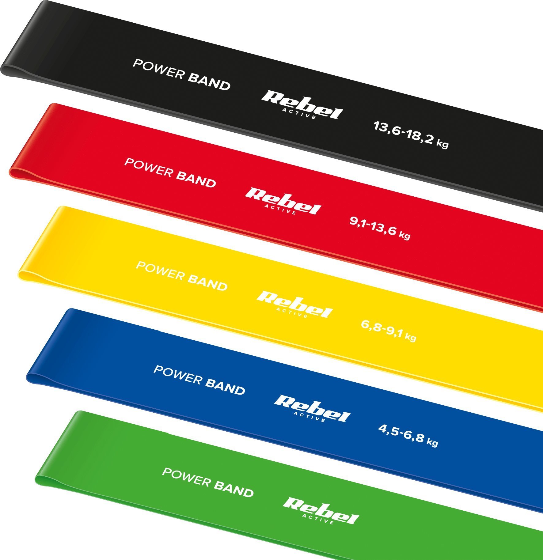Rebel Zestaw gum do ćwiczeń lateksowy - Mini Band L, 2.3-18.2 kg, 5 gum, kolorowy, REBEL ACTIVE