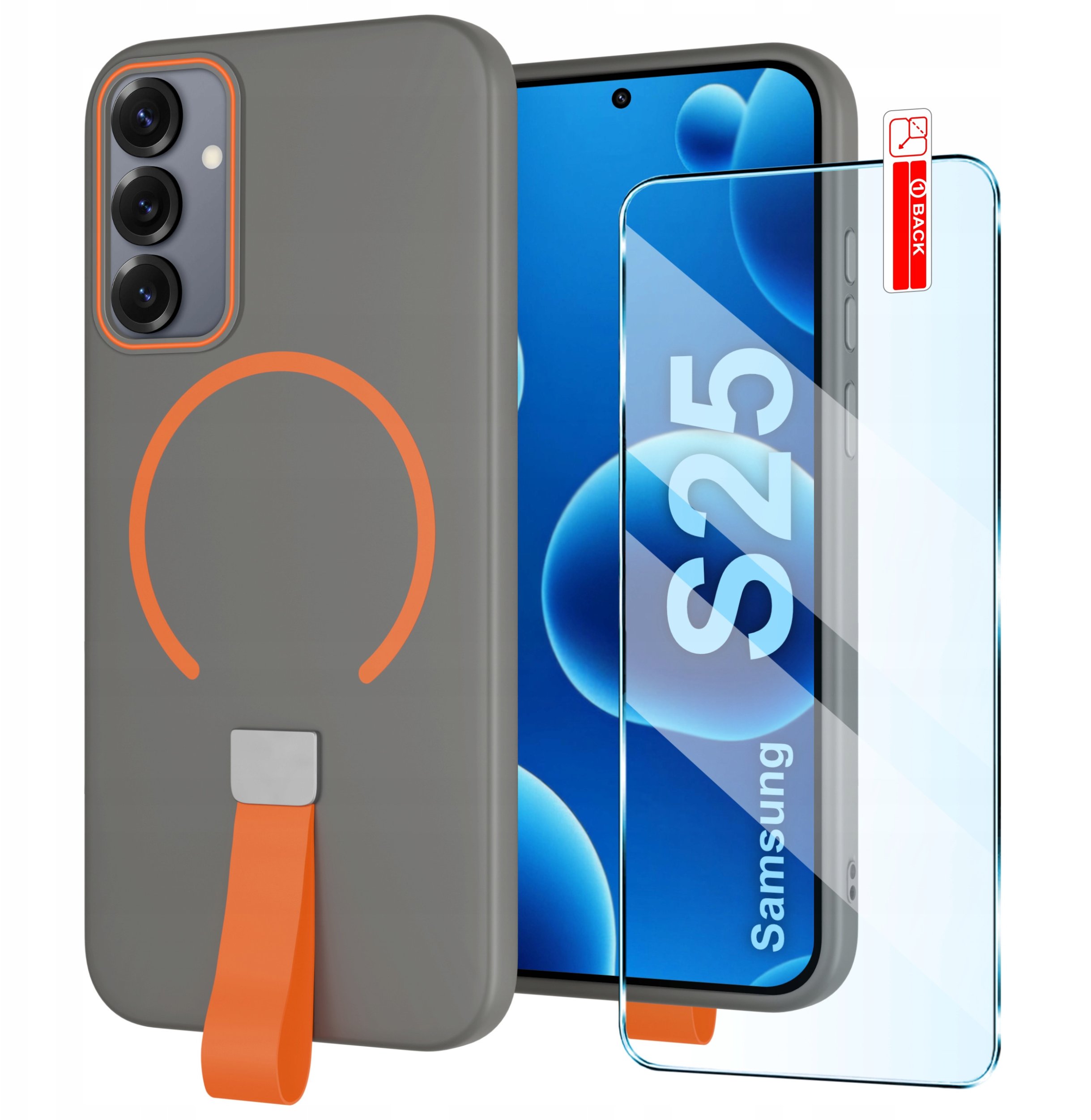 Etui z Paskiem na palec Matowe SZARE do Samsung S25 |do MagSafe +Szkło