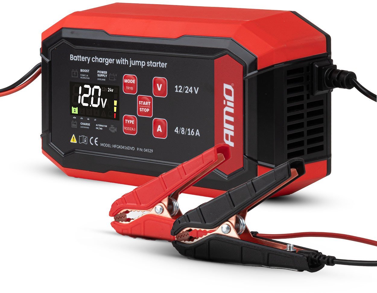 Prostownik cyfrowy z wspomaganiem rozruchu agm gel std lfp max 16a 12v 24v pro amio-04529