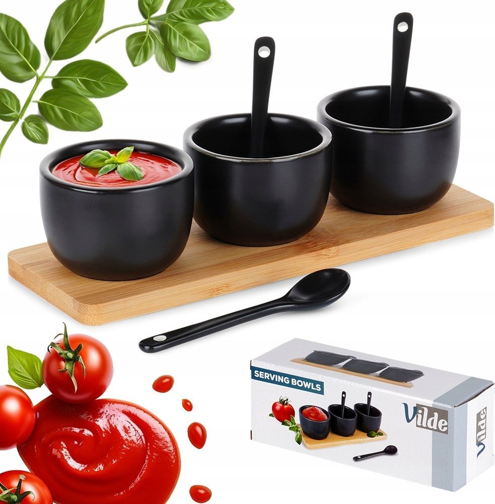 ZESTAW MISECZEK Z ŁYŻECZKAMI NA DESCE DO SERWOWANIA SOSÓW PRZEKĄSEK 139686