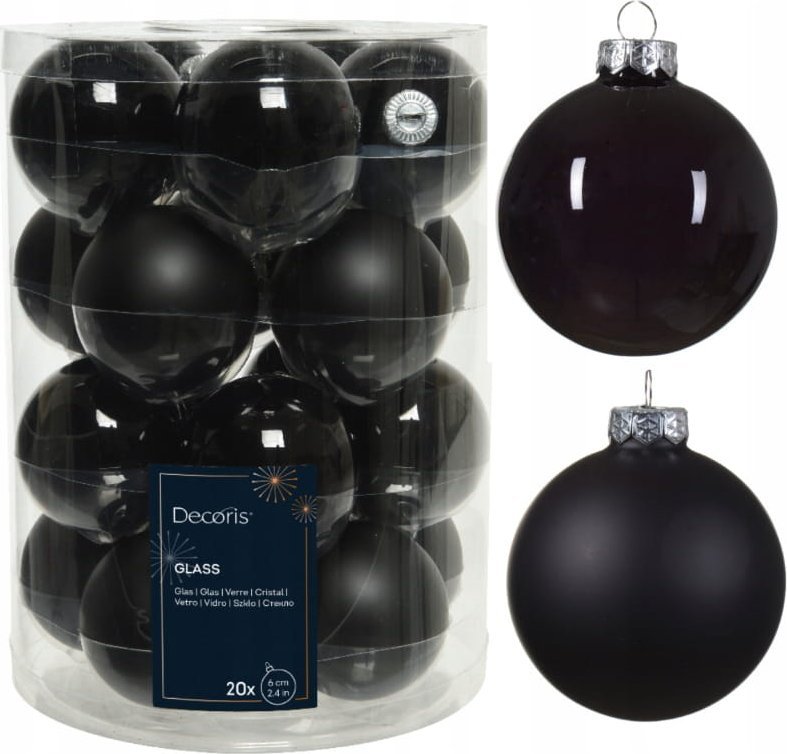 Kaemingk Zestaw 20 szklanych bombek choinkowych 6cm czarne błyszczące matowe