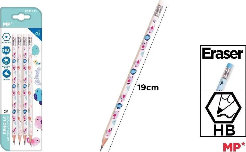 Ołówek z gumką HB 4szt Ptaki