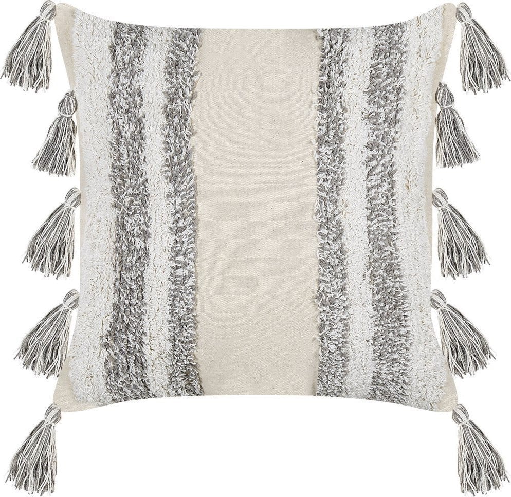 Beliani Bawełniana poduszka dekoracyjna z frędzlami 45 x 45 cm beżowo-szara HELICONIA!