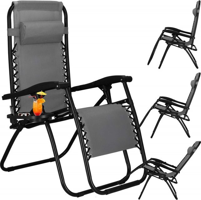 Leżak zero gravity z zagłówkiem i półką na napoje składany ogrodowy ciemny szary UNIWERSALNY