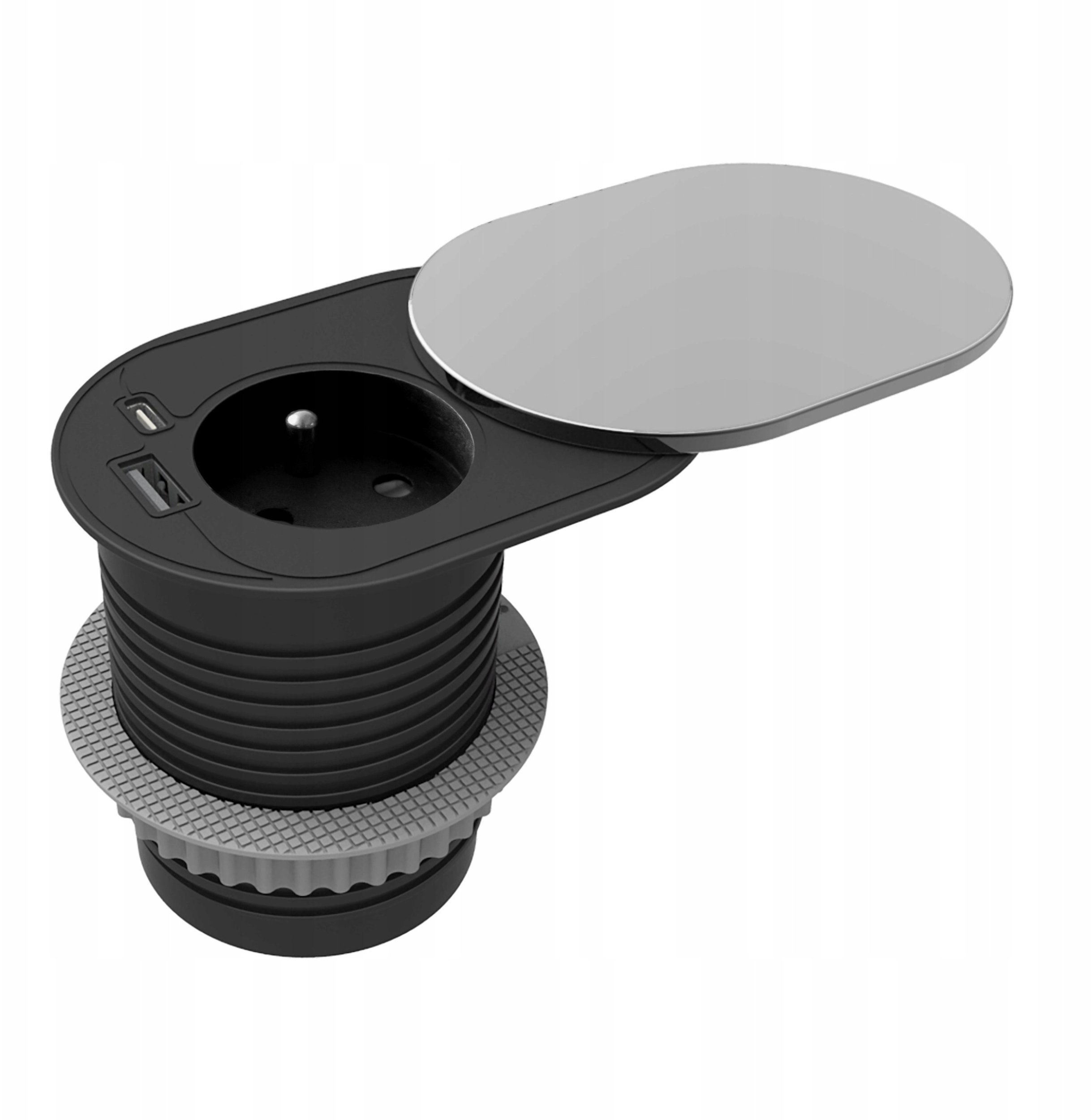 Gniazdo meblowe ?6cm, wpuszczane w blat z przesuwną pokrywką, ładowarką USB i przewodem 1,9m, 1x2P+Z (French), 1xUSB (typ A+C; PD20W), srebrne