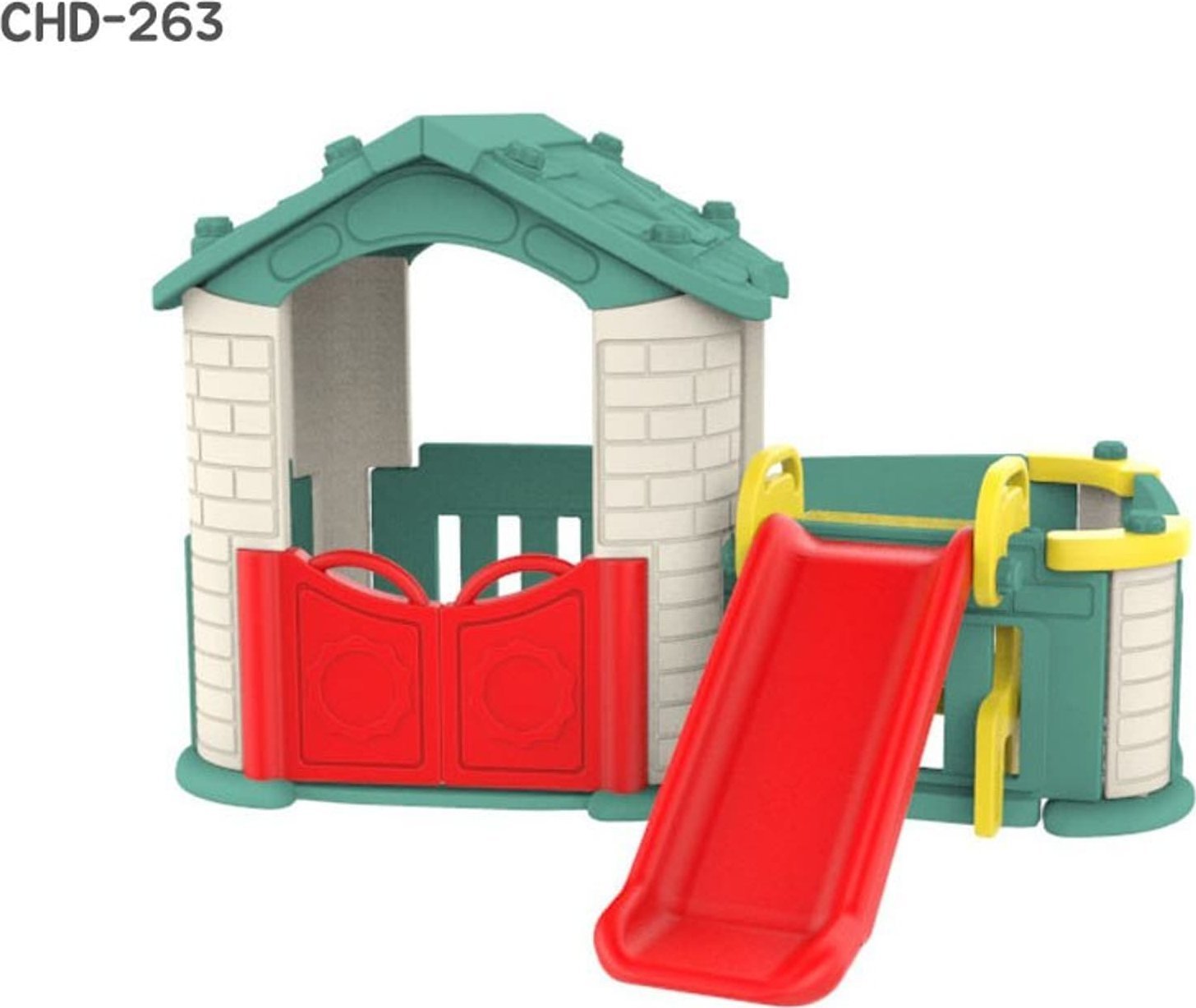 Ramiz Domek ogrodowy 3w1 dla dzieci Zielony dach + Zjeżdżalnia + Ogródek z płotkiem