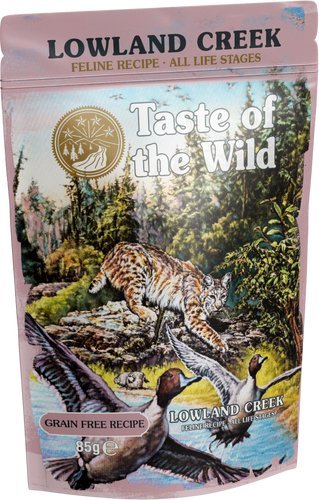 TASTE OF THE WILD Lowland Creek 85 g. Kawałki indyka, kurczaka, wątróbki kurczaka i kaczki w sosie. Karma dla kotów w każdym wieku. sztuka