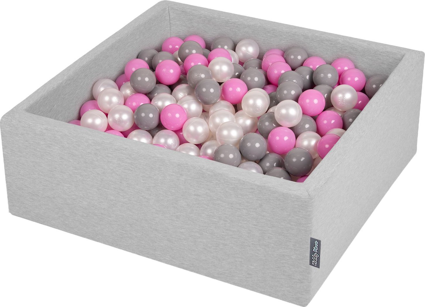 KiddyMoon KiddyMoon Suchy basen kwadratowy z piłeczkami 7cm jasnoszary: perła-szary-róż 90x30cm/200piłek Zabawka basen piankowy