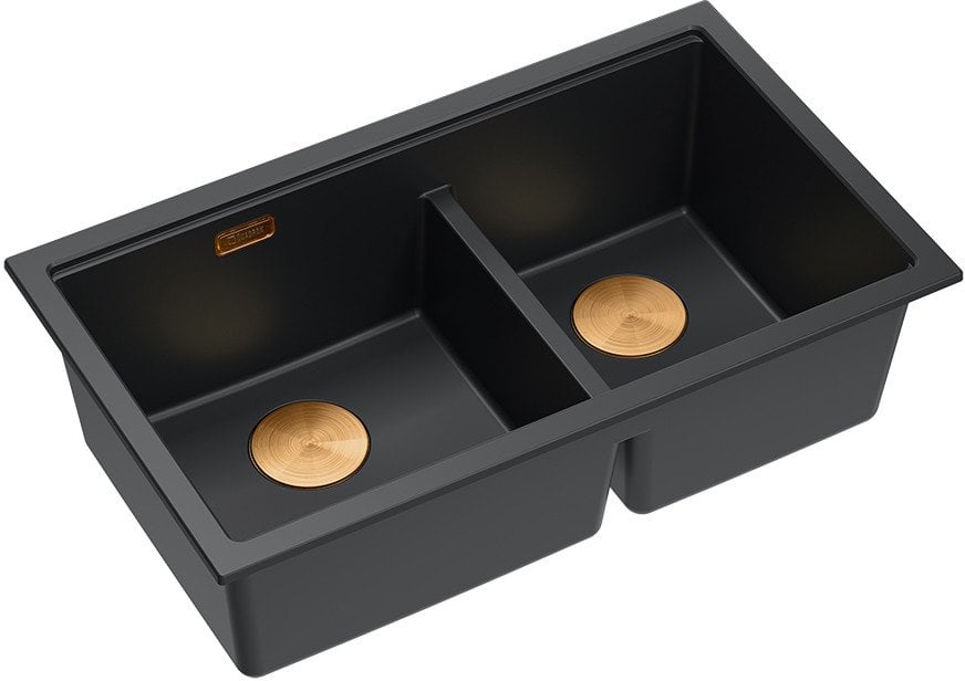 QUADRON | LOGAN 120 | granitowy zlewozmywak kuchenny PURE CARBON + MIEDŹ PVD | wymiar: 76 x 45 x 23,5 cm | 2-komorowy podwieszany | podbudowa szafki