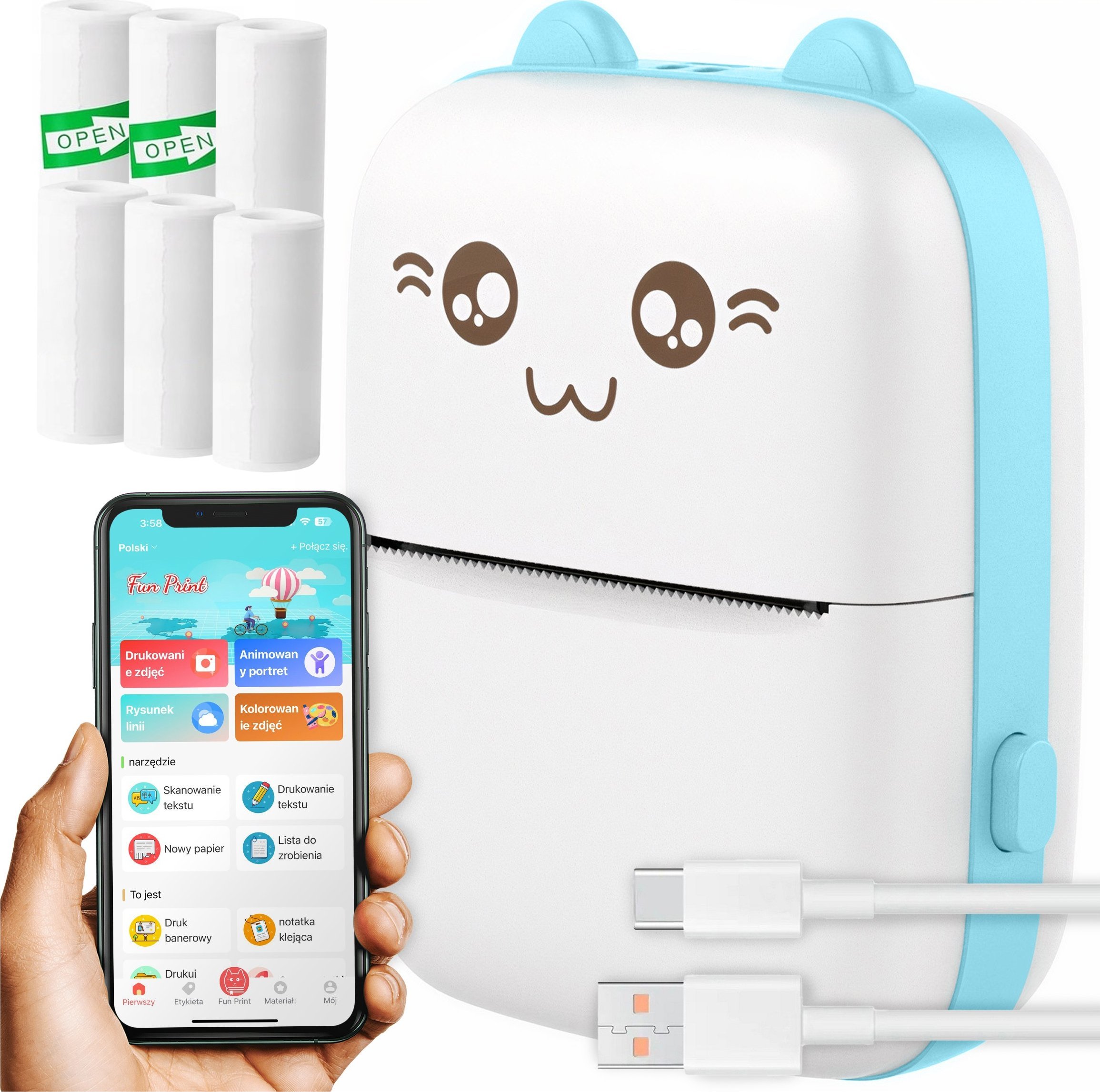 4kom.pl Drukarka termiczna Drukuś z 6 szt. rolkami papieru termicznego dla dzieci Niebieski