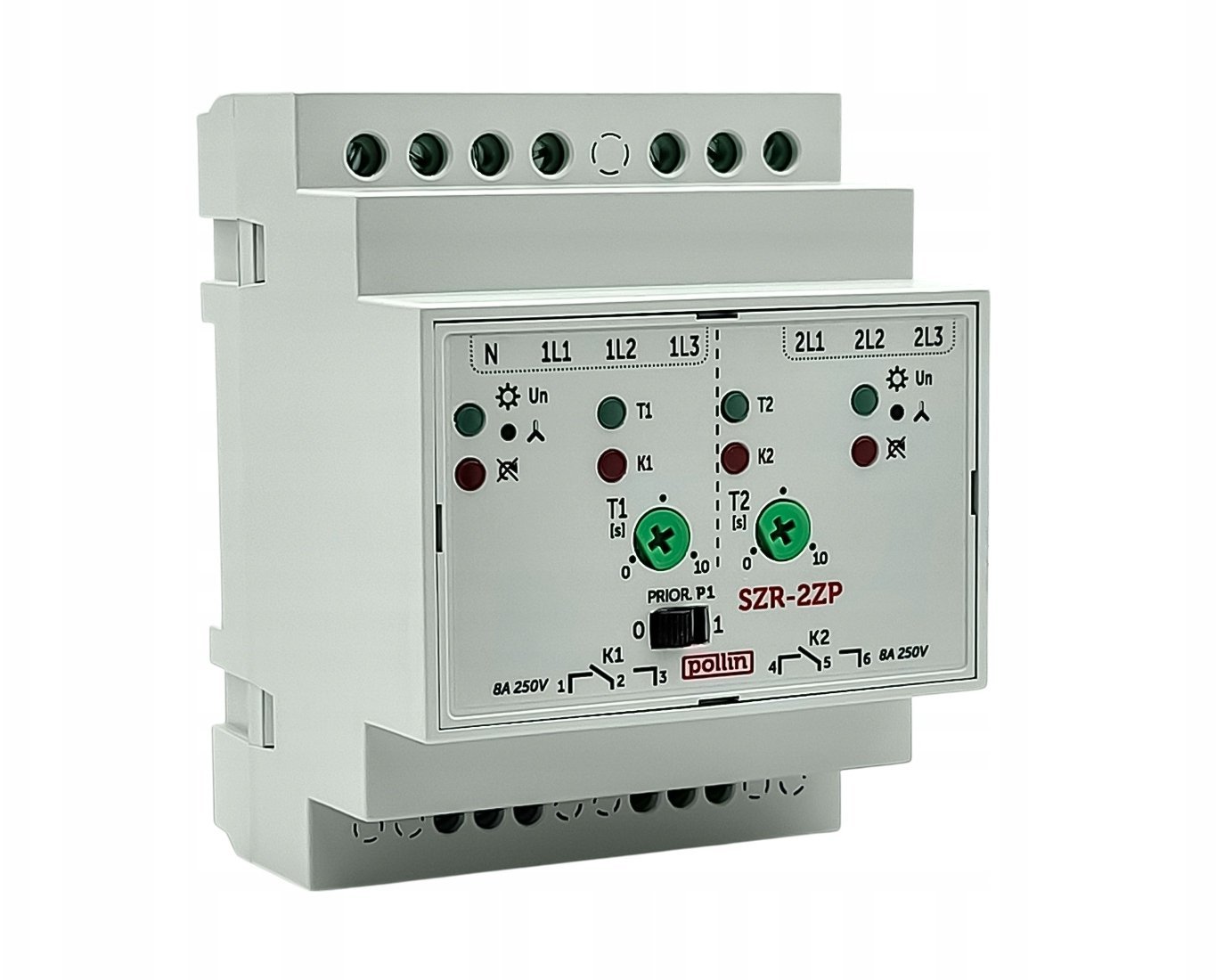 Sterownik układu SZR, 3P, styki 2P, regulacja czasu przerwy przełączania 0,1 - 10s, ustawiany priorytet sieci podstawowej SZR-2Z