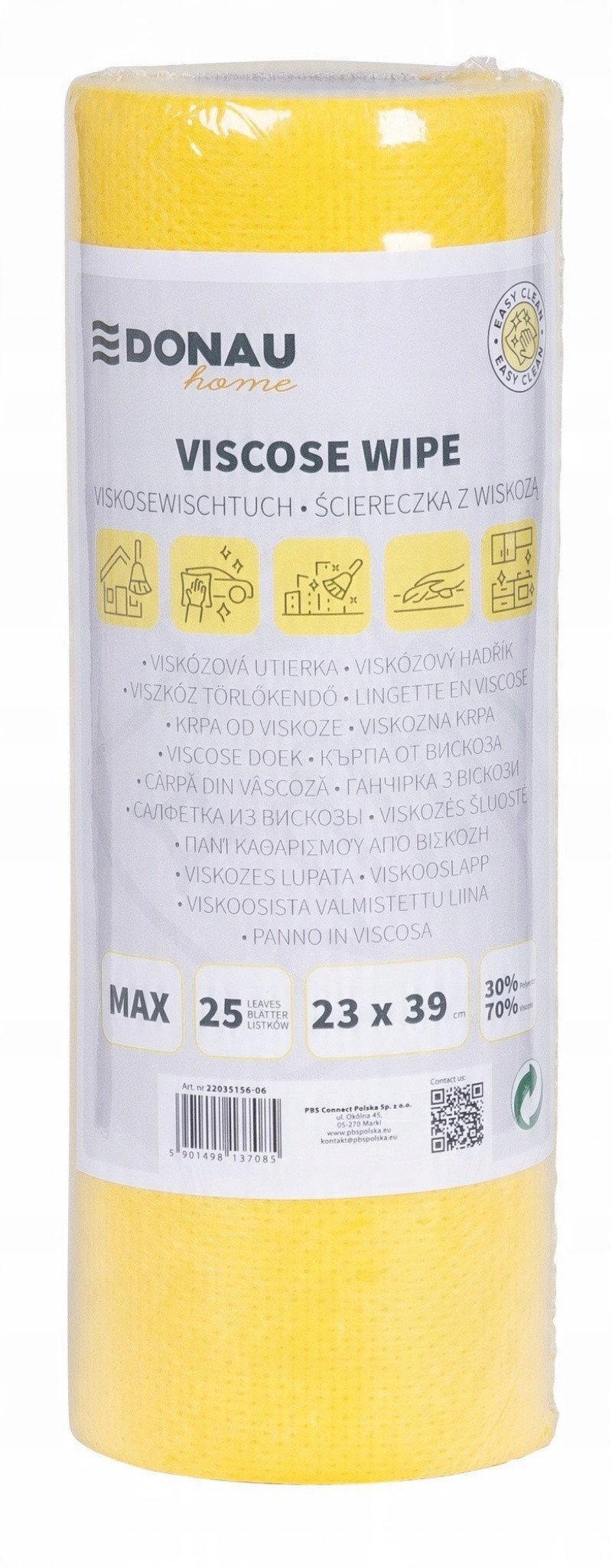 Ścierka DONAU HOME, z wiskozą 70%, rolka, max, 23x39cm, 25 listków, żółta